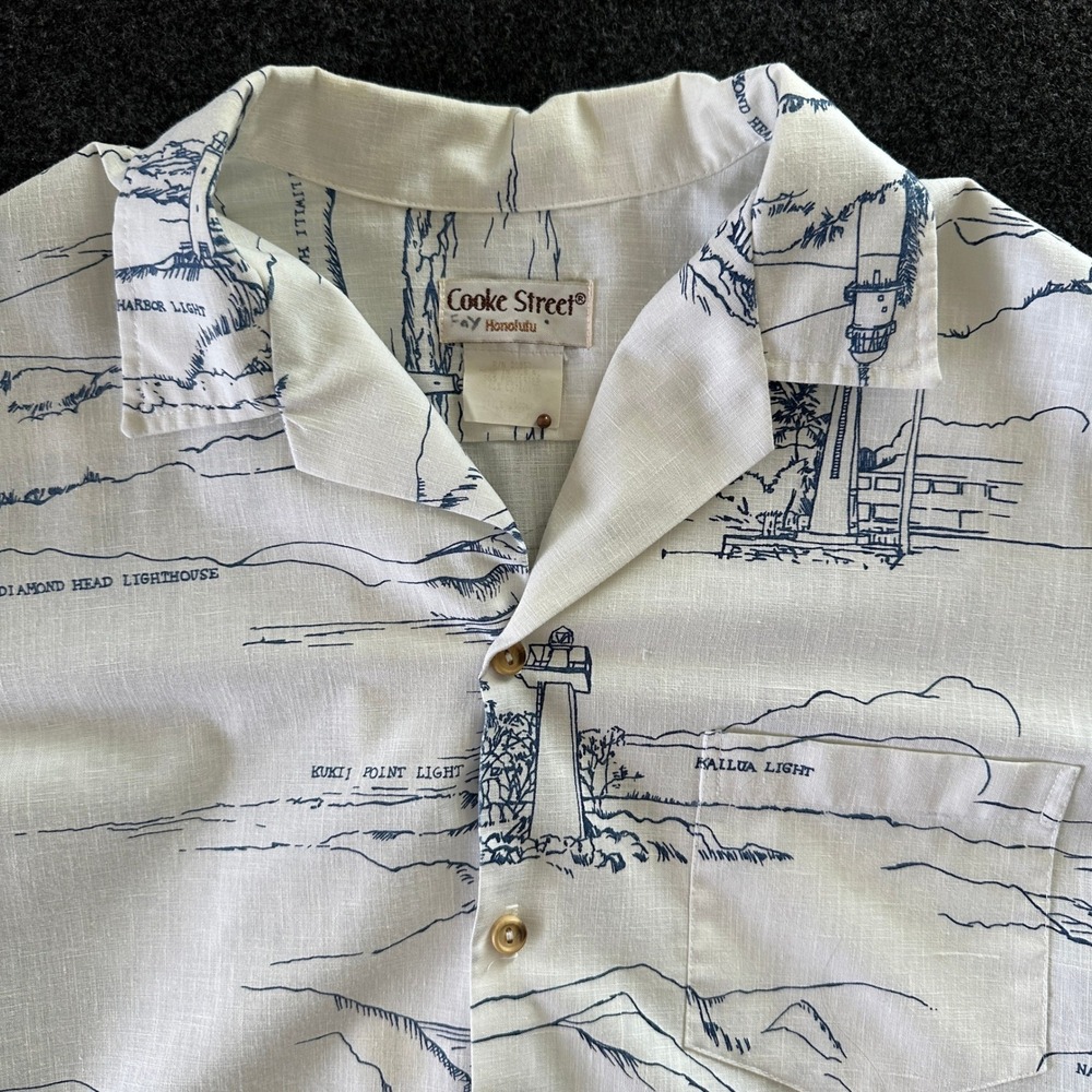 Cooke Street Honolulu‎ Mens M Lighthouse Print Aloha Shirt Hawaii White Blue USA